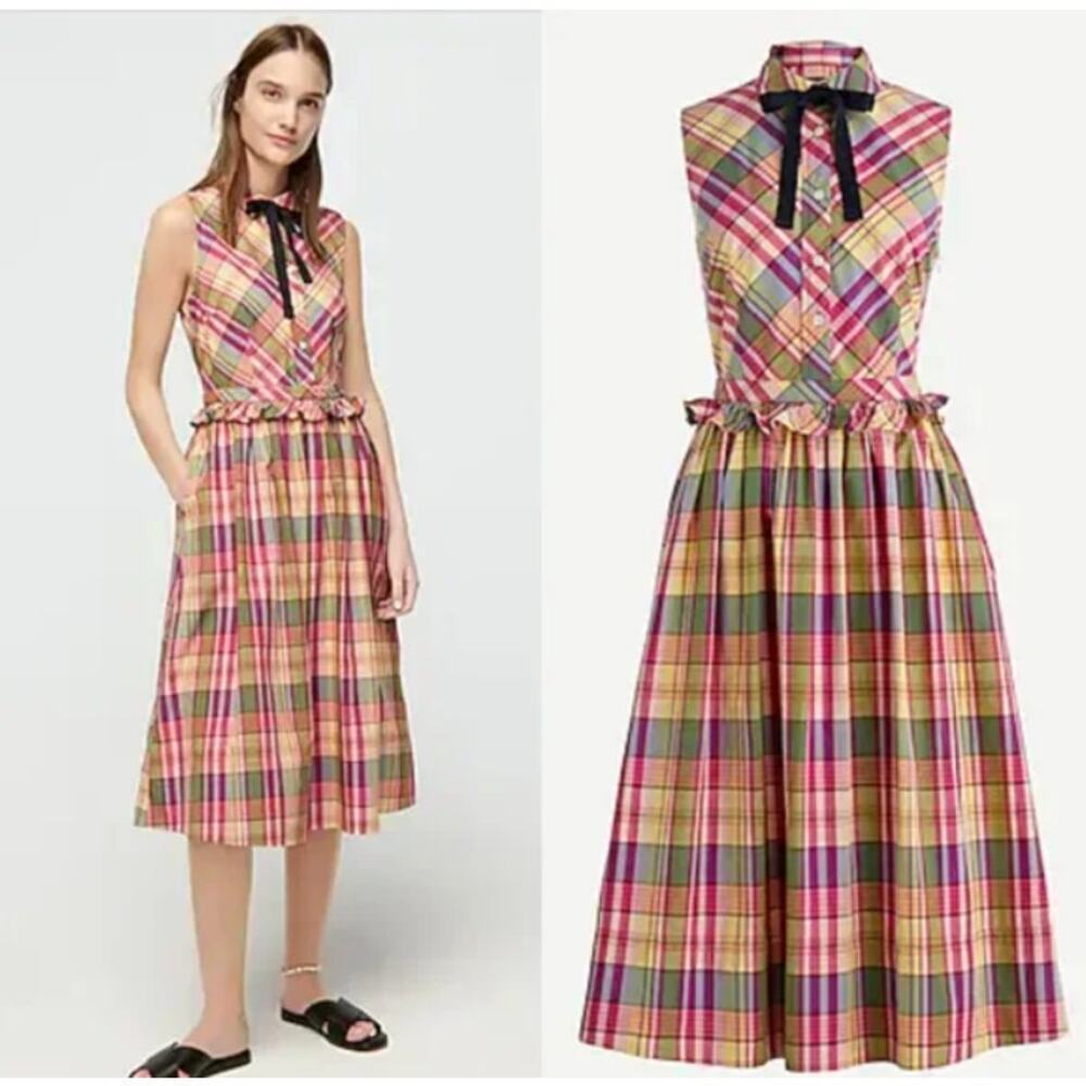 J. Crew Madras Plaid Sleeveless Pleated Midi Dress Sz 4